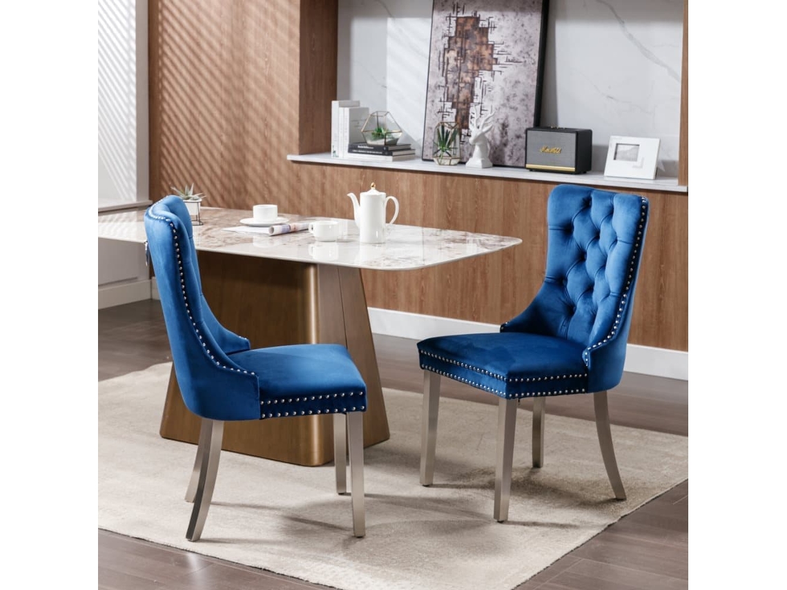Silla Comedor 2 Uds - Moderna, Tapizada Terciopelo Con Patas Acero Cromado - Azul