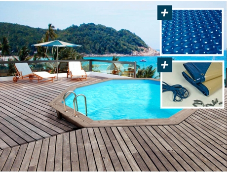 Piscina de madera "Venecia" - 5.80 x 1.31m - Cubierta de burbujas 400 µ - Cubierta de invierno 280 g/m²