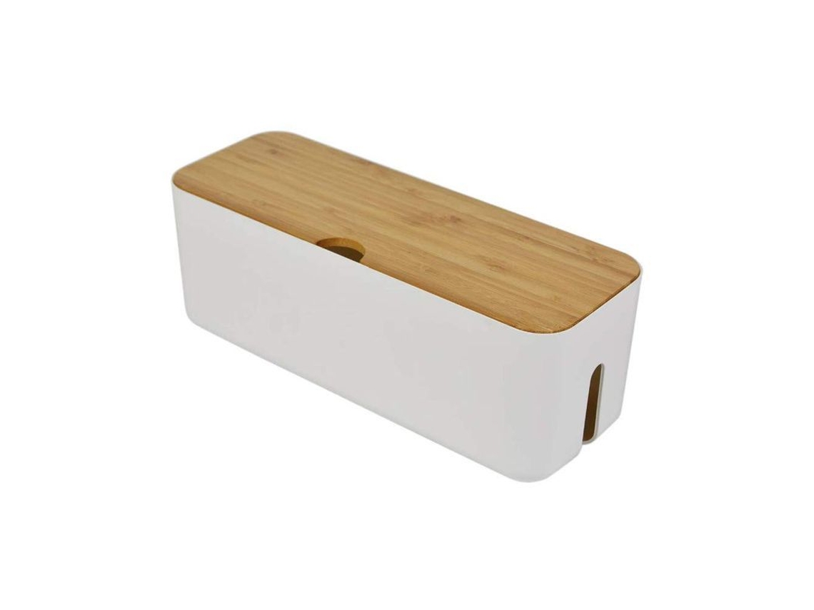 Caja Pequeña Blanca Para Gestión De Cables, Organizador De Cables Blanco Con Tapa De Bambú.