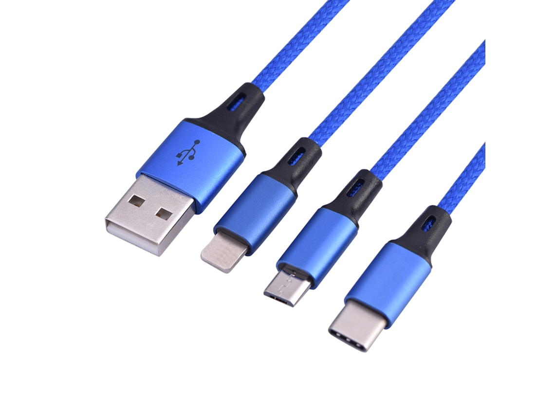 Cabo De Carregamento Rápido 3 Em 1 1.2m Usb Para Iphone Android Type-c Micro Nylon Azul