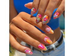 Uñas Postizas Medianas Con Forma De Almendra, Puntas Francesas Y Diseños De Flores Y Espirales De Arcoíris.