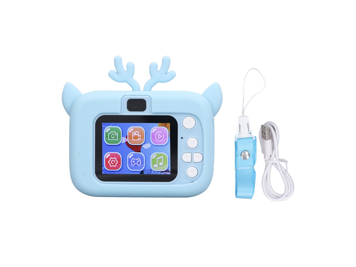 Cámara infantil de 20 MP, vídeo HD, fotos, USB, batería, color azul y blanco.