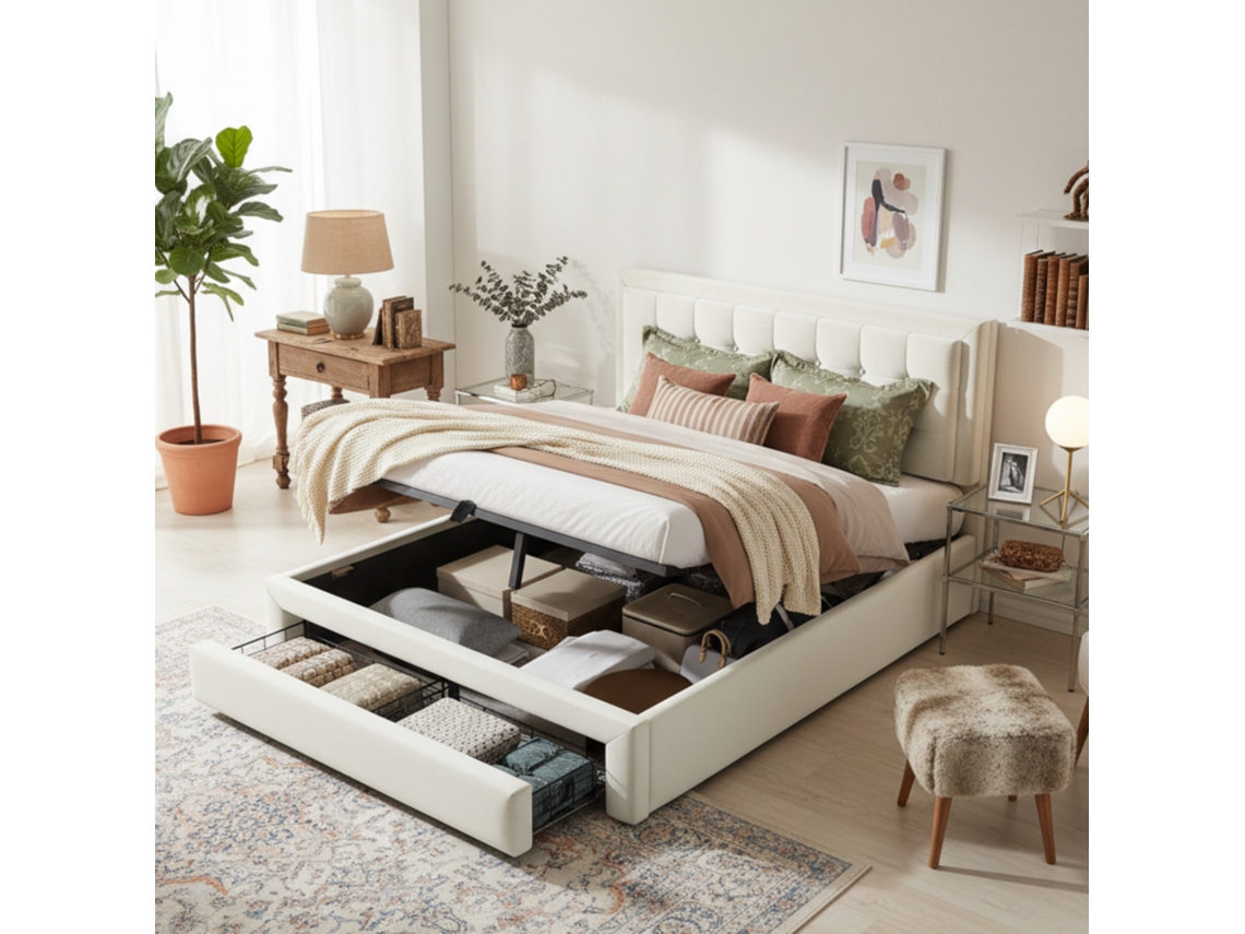 Cama De 140x190 Cm Con 2 Cajones, Tapizada En Terciopelo Beige Y Somier De Láminas De Madera.