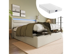 Cama Doble De 140x200 Cm, Blanca, Con Iluminación Led Y Espacio De Almacenamiento. Incluye Colchón.