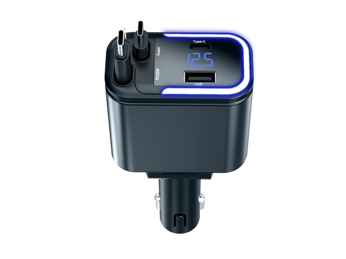Cargador Coche 5 En 1 180w Qc3.0 Cables Retráctiles Lightning+usb-c, Pantalla Digital Luz Led Ambiental Entrada Dc12-30v