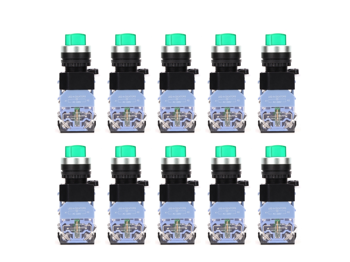 Veloriskku-10 Peças Interruptor de Botão de Travamento Automático Bem38-11xd/21 22mm com Luz Verde 220v La38 1NA/1NF Liga/Desliga
