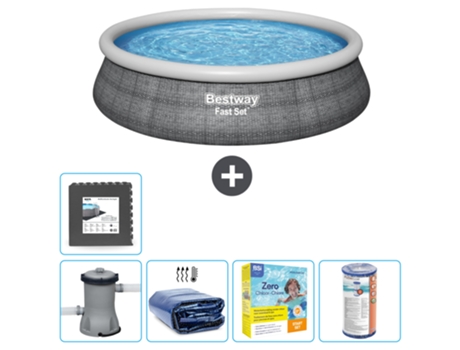 Piscina hinchable redonda Fast Set BESTWAY - Estampado ratán - 457 x 84 cm - Bomba incluida Vela solar - Paquete de mantenimiento - Filtrar - Baldo...