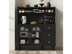 Armario Alto - Con Enchufes Y Cajones, Barra Con Soporte Para Copas De Vino Y Almacenamiento - Negro