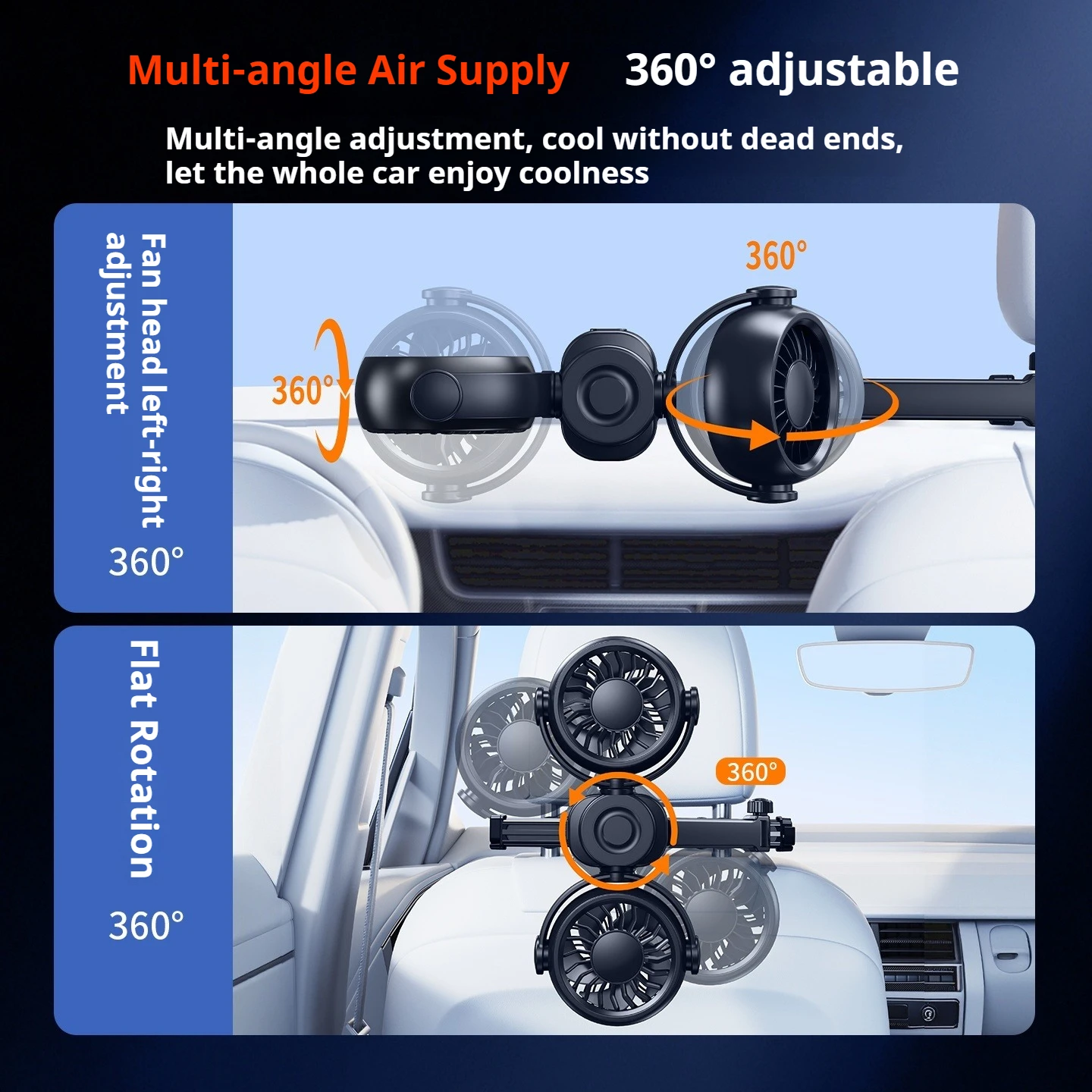 Ventilador Trasero Para Coche (negro) Con Tres Velocidades, Rotación De 360° Y Soporte Magnético Para Teléfono.