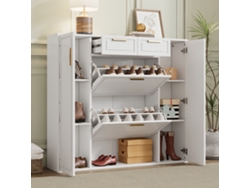 Zapatero Moderno 120x24x107 Cm - Estantes Ajustables, 2 Cajones, Puertas Y Asas Doradas - Blanco