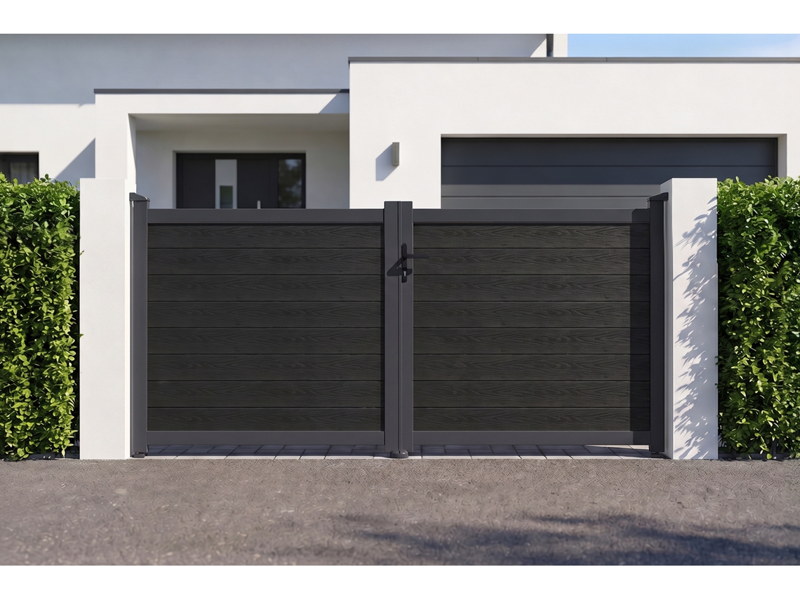 Puerta Batiente Athos 3,5m H140 Madera Composite Gris Antracita Con Marco De Aluminio