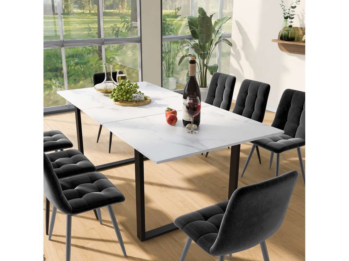 Mesa extensible de 140-180 cm con 8 sillas, terciopelo gris.