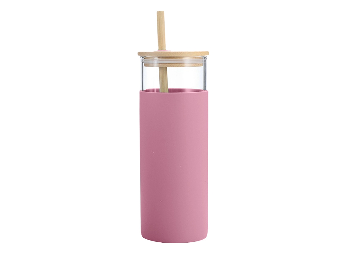Vaso de vidrio de una sola capa de 500 ml con pajita y tapa de bambú, vaso con soporte de silicona JEIIBRZUI