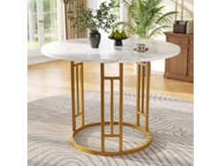 Mesa de comedor redonda, estructura de metal, revestimiento de mármol, para 4 personas, estilo MDF blanco y dorado.