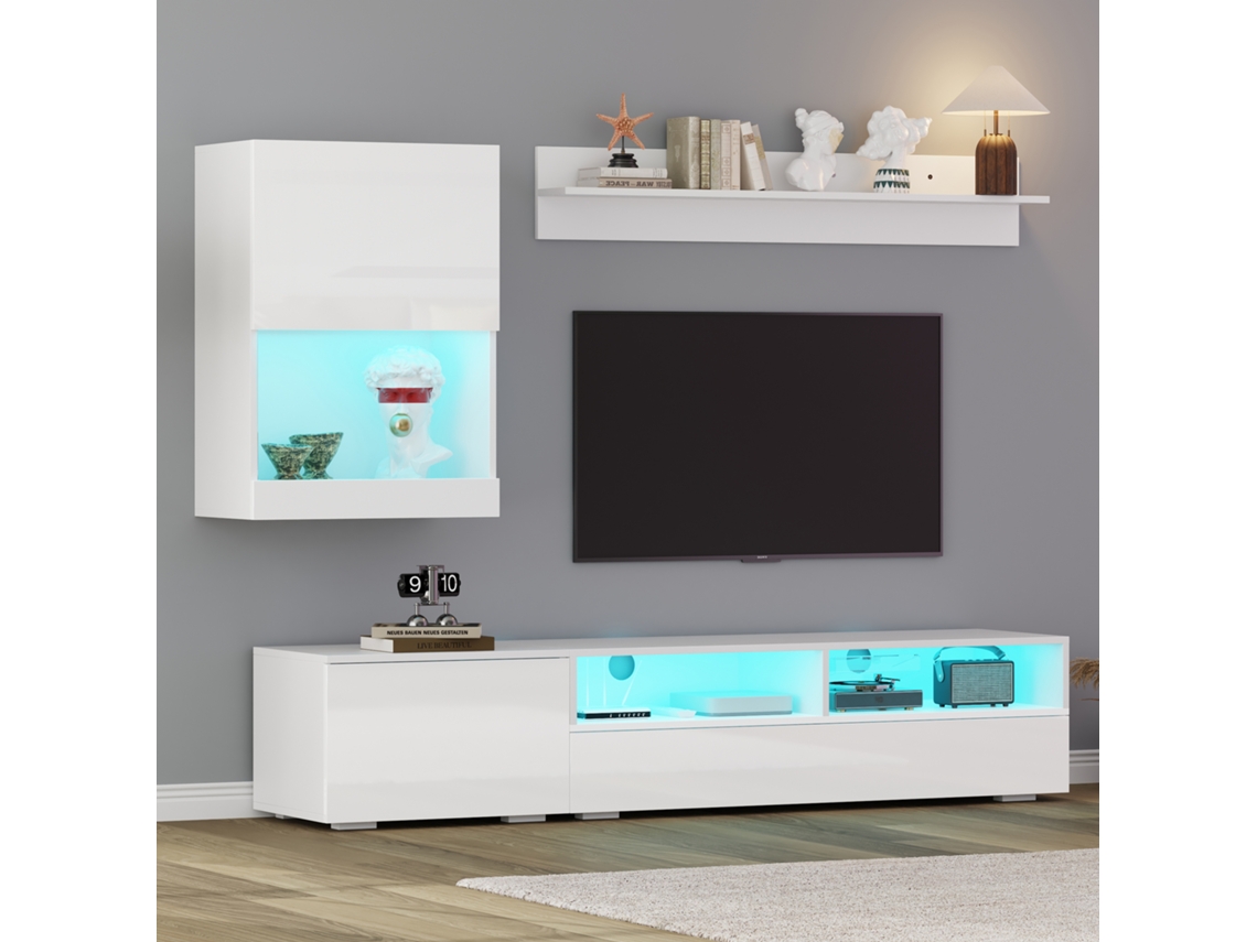 Panel De Tv De 175x39x34cm, Juego De 3 Piezas, Led Blanco Brillante, Hasta 80".