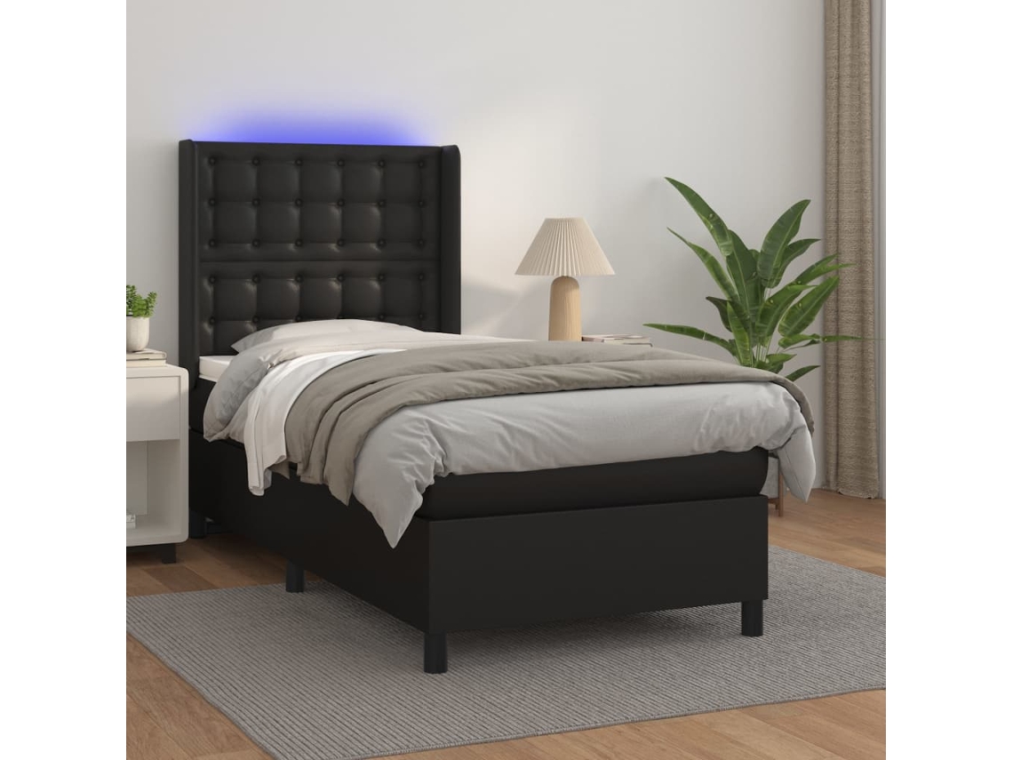 Cama Box Spring Y Colchón Led Cuero Sintético Negro 90x190 Cm