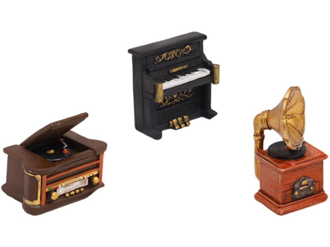 Adornos Creativos Resina 3 Piezas Decoración Navideña Instrumentos Musicales Piano Fonógrafo Audio Accesorio