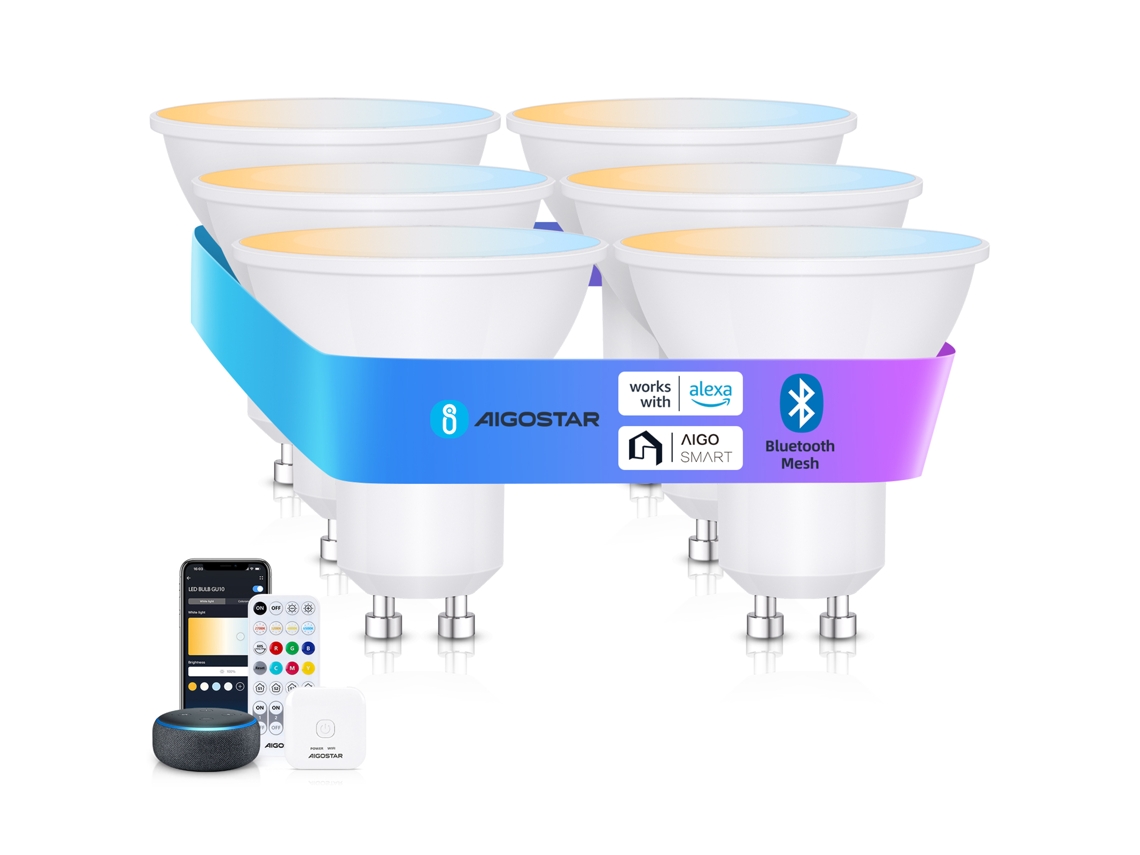 Bombilla inteligente Bluetooth Gu10 de malla de 6,5 W, 2700 K, 6500 K, regulable, compatible con Alexa y Google Home, Aigostar