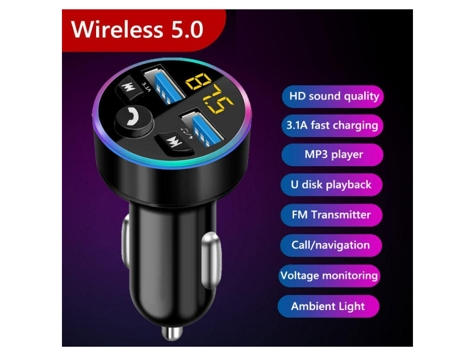 Cargador de coche Bluetooth, transmisor FM Bluetooth adaptador de radio inalámbrico en el coche para reproductor de música, kit de teléfono de coch...