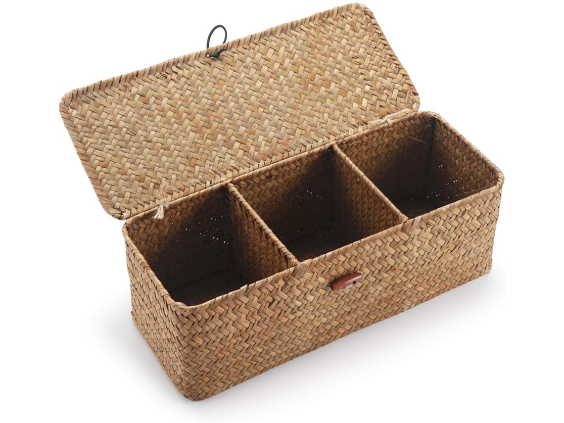 Cesta de almacenamiento de algas con tapas rectangulares de ratán (32 x 12 x 11 cm)