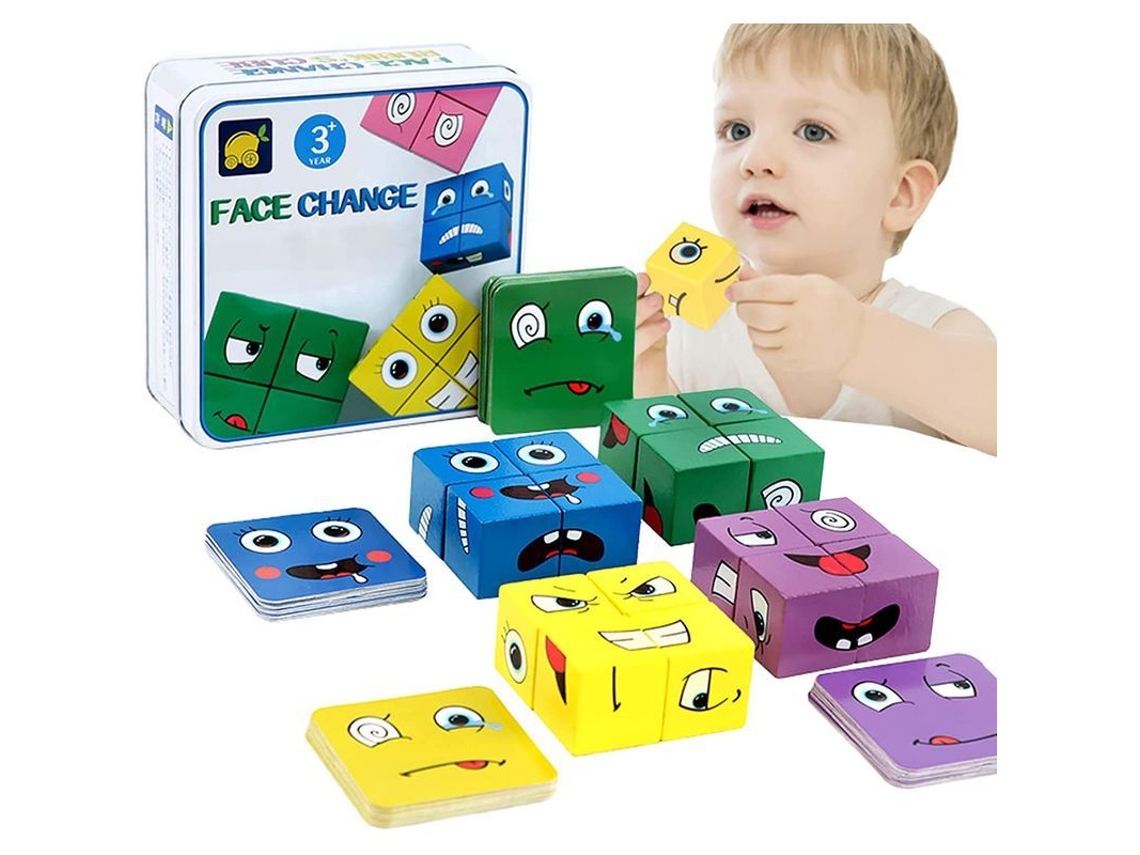 Cubos Para Armar Rompecabezas Con 16 Piezas, 64 Tarjetas De Expresiones Y Un Cubo Que Cambia De Cara.