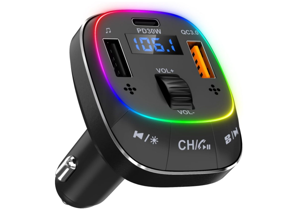 Transmisor FM Bluetooth 5.3, adaptador para coche, Bluetooth PD 30W QC3.0, cargador para coche, micrófonos duales, Chaberlu