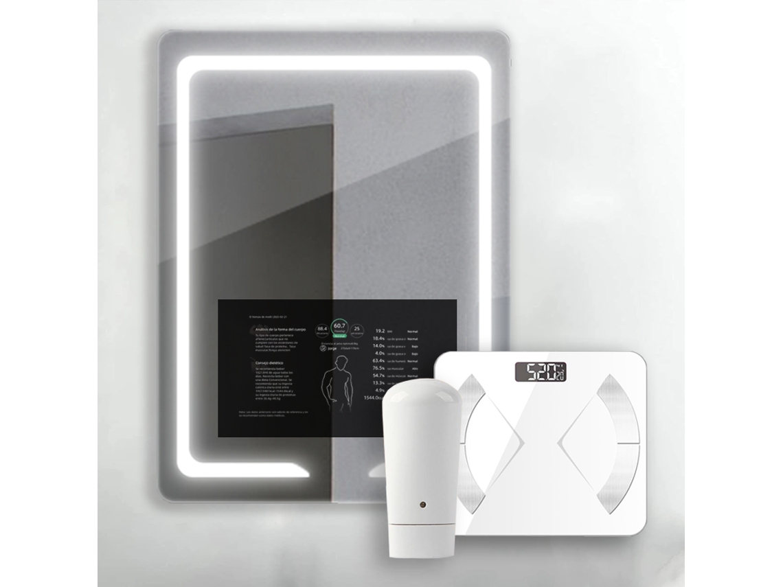 Espejo vertical de baño iluminado con pantalla táctil de 21,5 Báscula biométrica y sensor de piel 70x90cm