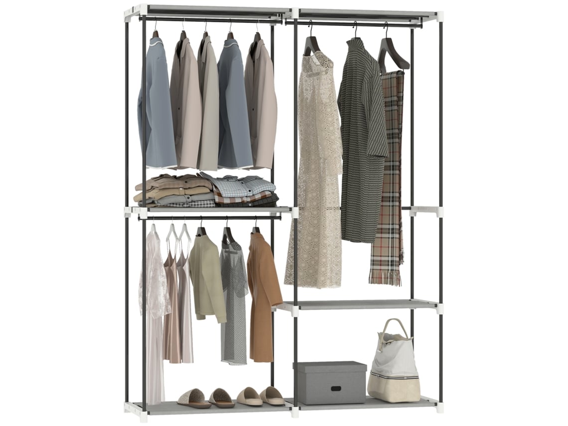 Guarda Roupa Aberto Tecido 4 Prateleiras 3 Varões Metal Cinza Claro 142x43x185