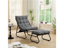 Sillón De Jardín Con Reposapiés Y Cojín Reclinable, Color Negro, Taburete Gris.