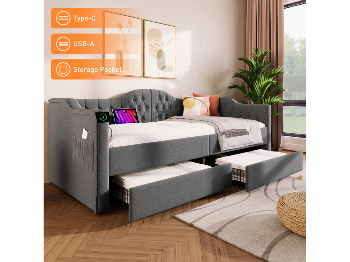 Sofá Cama De Lino Gris De 90x190 Cm, Usb-c, 2 Cajones, Almacenamiento.