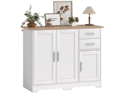 Aparador para salón, mueble de almacenamiento con 2 cajones, 3 puertas y estante regulable, 100 x 40 x 78 cm, blanco y madera natural.