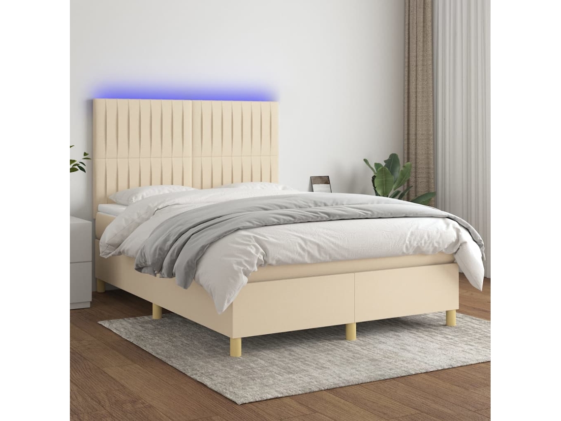 Cama Box Spring Colchón Y Luces Led Tela Crema 140x190 Cm