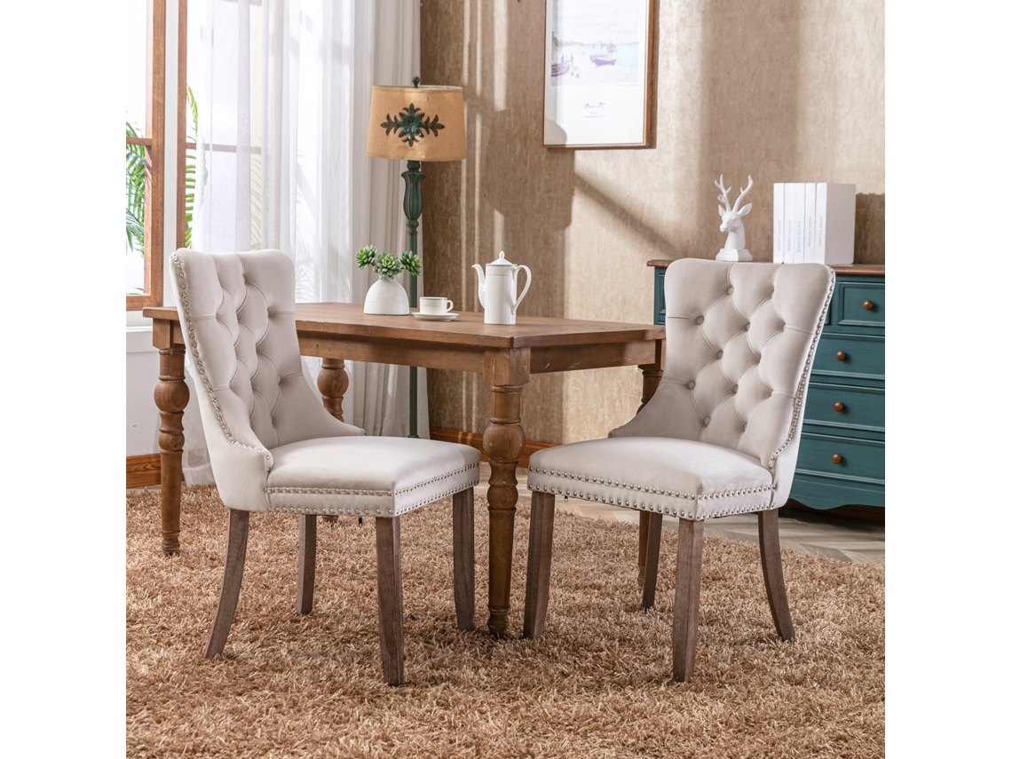 Juego de 2 sillas de comedor tapizadas en terciopelo, madera maciza, tachuelas decorativas beige, muebles