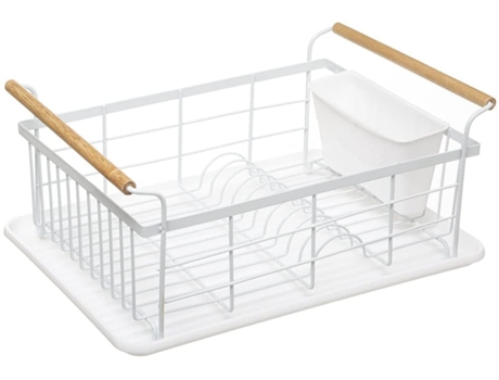 Escurridor de Platos con Soporte para Cubiertos Acero con Asas de Madera y Bandeja de Plastico Blanco TIENDA EURASIA