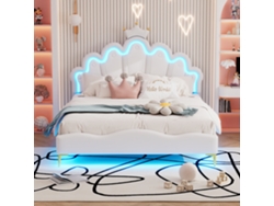 Cama Tapizada Princess De 140x200 Cm Con Iluminación Led, Diseño De Corona, Cama Doble En Pu Blanco, Iluminación Led Regulable.