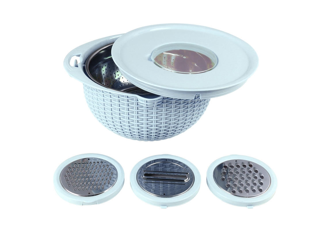 Bol Tamizador 4 En 1 Con Herramientas Para Cortar, Acero Inoxidable, Giratorio, Para Lavar Verduras, Azul