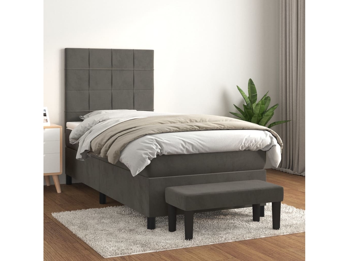 Cama Box Spring Con Colchón Terciopelo Gris Oscuro 100x200 Cm