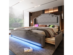 Cama Tapizada En Gris, 140x200 Cm, 4 Cajones, Iluminación Led, Puerto Usb-c, Tapicería De Terciopelo.