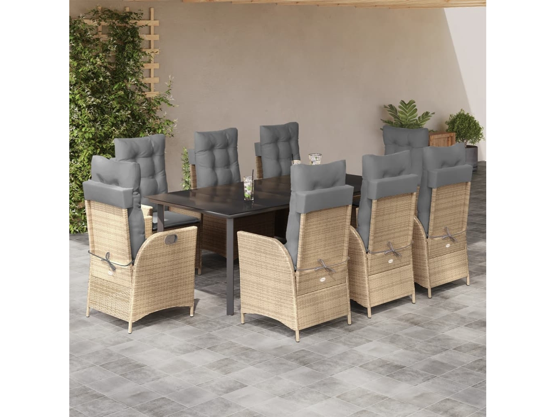 Juego de comedor de jardín de 9 piezas con cojines, mimbre sintético beige, DKD Home Decor