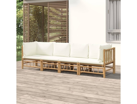 Conjunto 4 de muebles de jardín VIDAXL bambú y cojines blanco crema