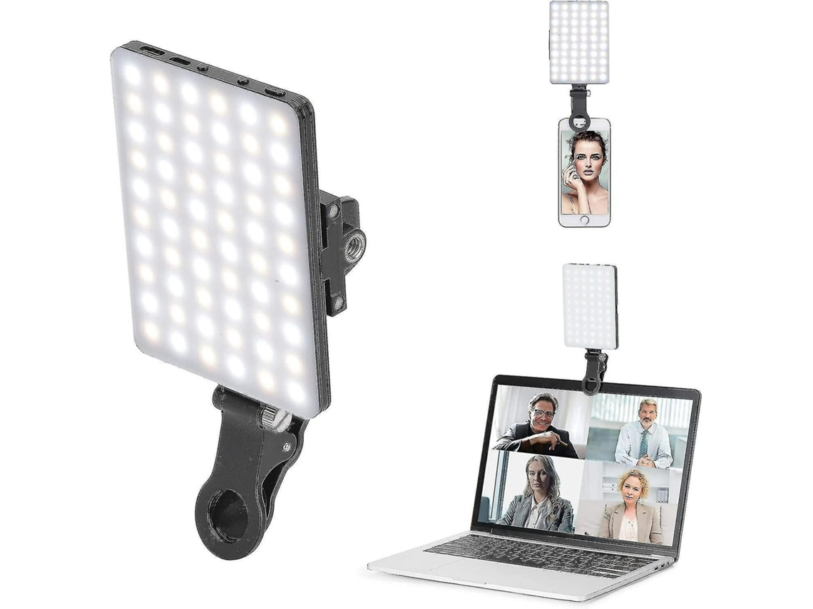 Potente luz de video recargable de 60 LED con clip frontal y trasero, 3 modos de luz ajustables para teléfono móvil, iPhone, Android, iPad, computadora portátil