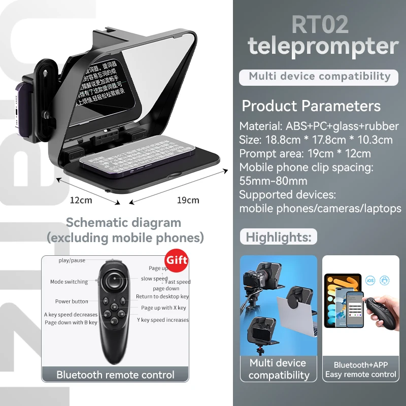 Teleprompter plegable RT02 de 9 pulgadas para celular, cámara y tableta, con control remoto, adaptadores de lentes 58/67/72/77/82 mm