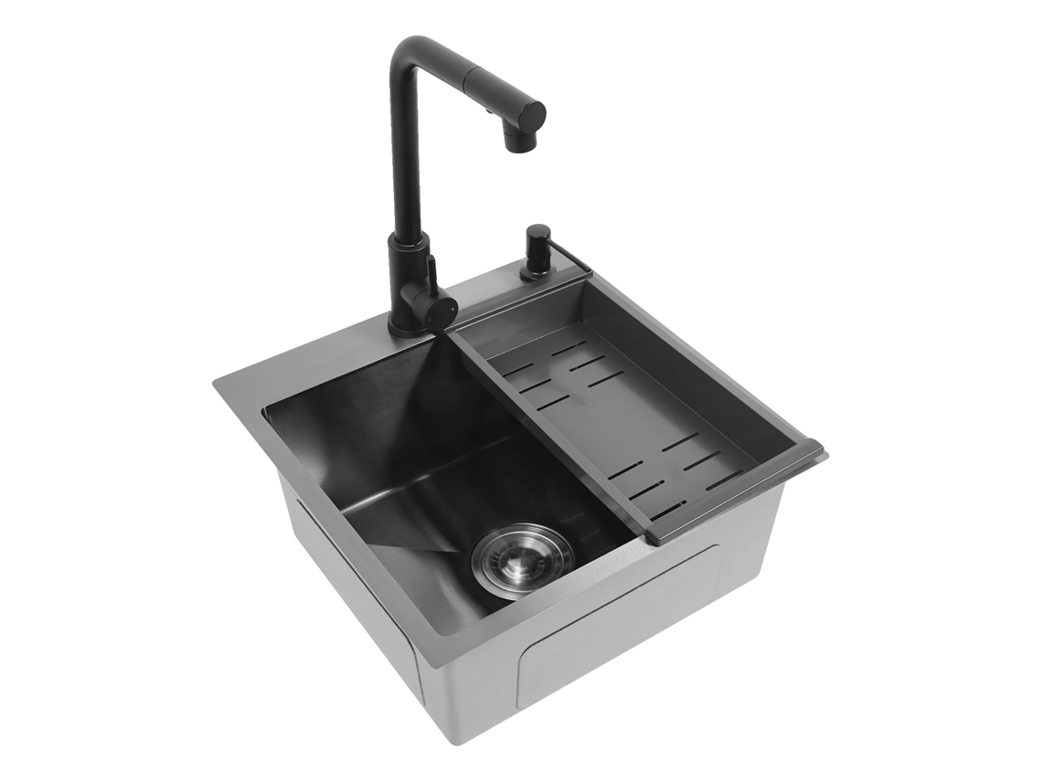 Fregadero de cocina de acero inoxidable con grifo extraíble, color negro, OEM