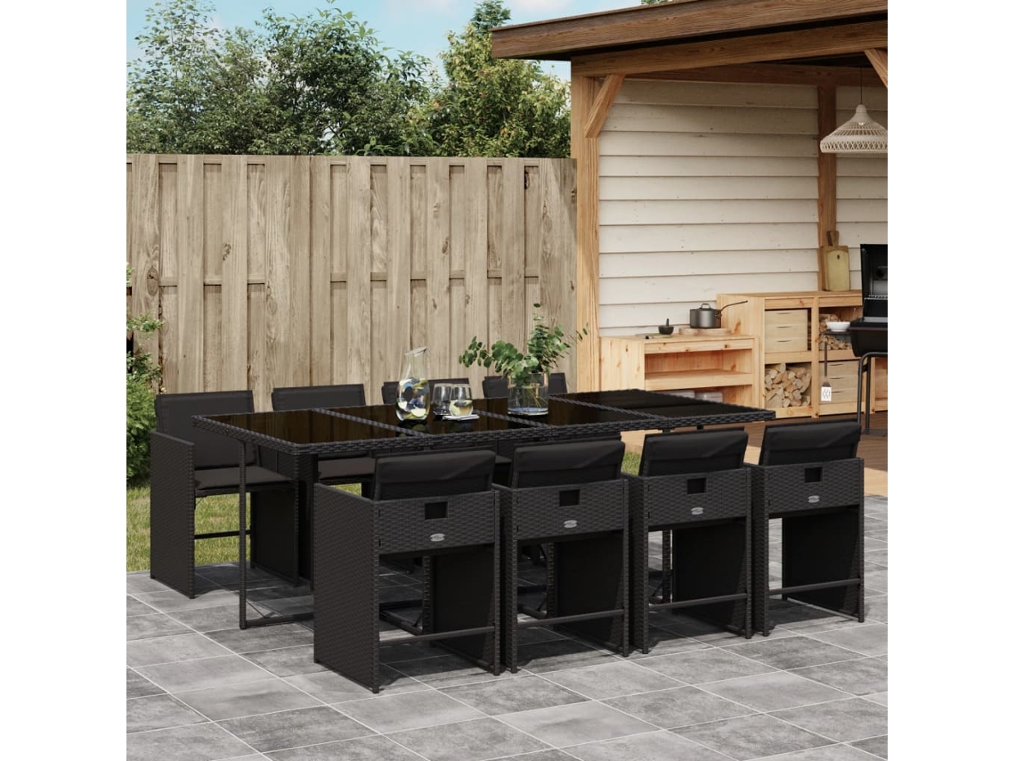 Juego de comedor de jardín de 9 piezas con cojines, mimbre sintético negro, DKD Home Decor