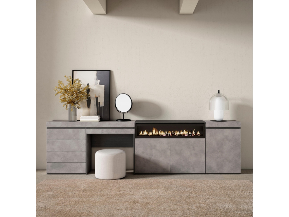 Aparador, 277x75x35 cm, Dormitorio, habitación, Chimenea eléctrica, Cómoda, Cajonera, Tocador, Cemento SKRAUT HOME