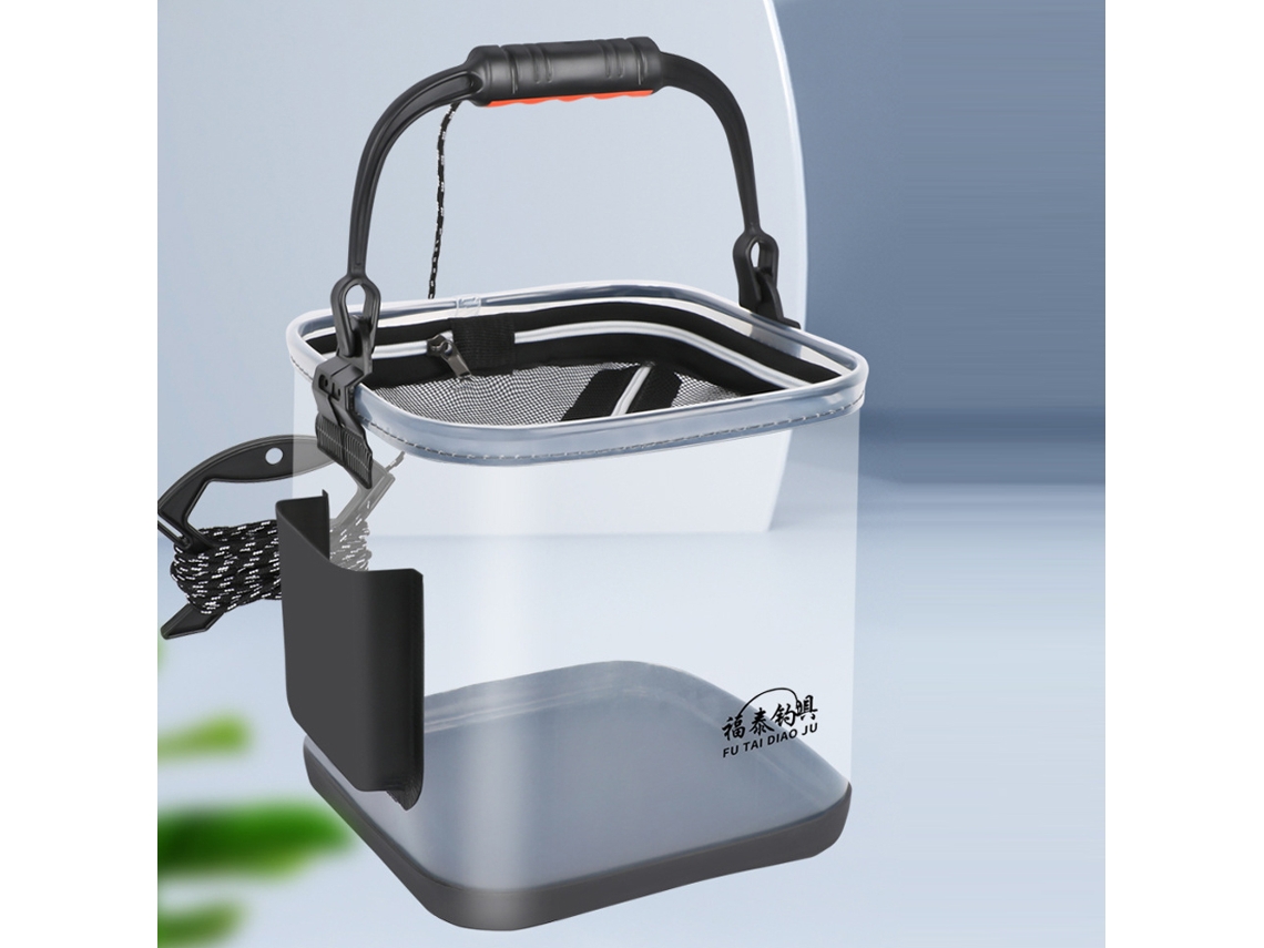 Balde de pesca dobrável transparente de grande capacidade em EVA com alça, ideal para camping e viagens.