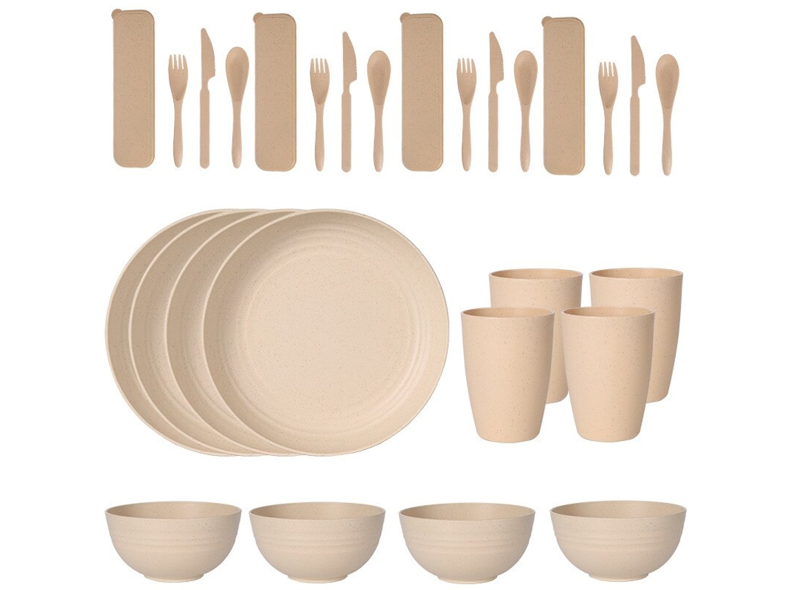 Juego de cubiertos de plástico beige de 24 piezas, que incluye platos, vasos, cucharas y cuchillos. MDUG
