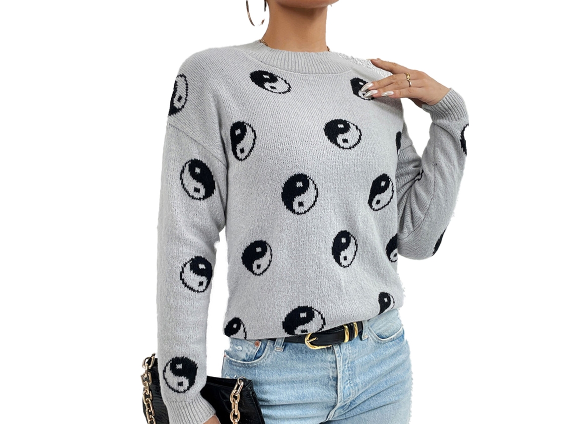 Suéter Tejido Para Mujer Con Cuello Redondo Casual Estampado, Para Otoño Invierno Primavera Halloween, Gris Xxl