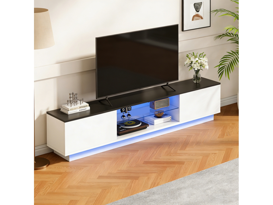 Mueble para TV de 160 cm en blanco brillante con iluminación LED, puertas lacadas y estantes de vidrio templado, diseño moderno.