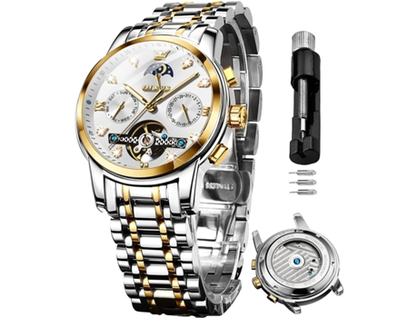 VEANXIN Reloj hueco automático para hombre Calendario clásico Reloj de acero inoxidable resistente al agua(Oro Blanco)